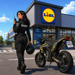 hubena tmavovlasa security zena u sve supermoto motorky s vysilackou pred LIDL odchazi do prace, siroky kresleny obraz