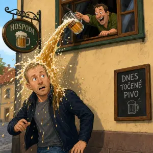 čtyricetiletý muž, světle krátke vlasy,modré oči, prochází pod oknem hospody, z okna ho můž poleje pivem animovaně