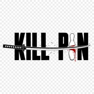Vytvoř návrh ve stylu loga kill bill, fráze přeseknutá katanou, obě slova vedle sebe, text bude kill pin. Ve slově pin nahraď i kuželkou, která bude taky přeseklá a poteče z ní červená tekutina. Pozadí udělej transparentní. Kuželka musí být z kuželek (9 pin), ne bowlingová. Styl má být černobílý (až na červenou tekutinu) a minimalistický. Kuželka má být bílá. Okolo katatany nech trochu prostoru aby byl vidět ráz toho seknutí. Dej pozor, ať katana končí na konci nápisu. Lehce prohni katanu