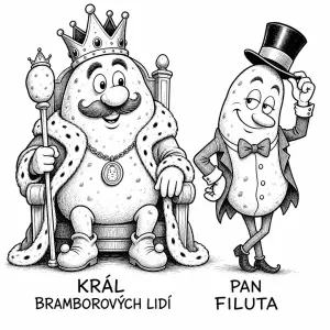 Král bramborových lidí a pan Filuta jako cernobílá karikatura