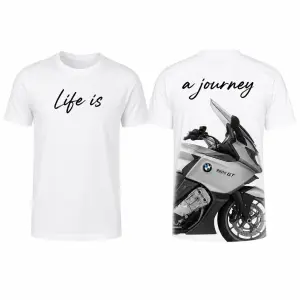 potisk bude na 2 trička, trička budou bílé na jednom tričku bude Life is a journey a obrázek části motorky BMW 1600 GT