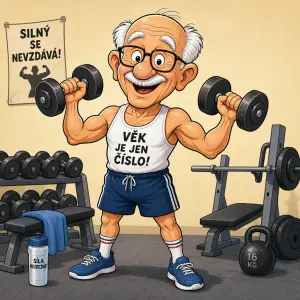 Důchodce s činkami karikatura