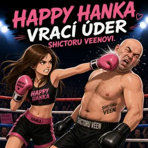 Nápis: Happy Hanka vrací úder Shictoru Veenovi. obrazek hnědovlasé holky s plešatým chlapem v ringu jak mu dává pěstí