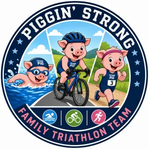 A circular sports emblem logo for a family triathlon team. Inside the circle, three cute cartoon pigs are performing tri