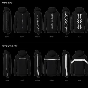 Vygeneruj mi gothic a streetwear čáry v různých tloušťkách co jdou přes rukávy a záda