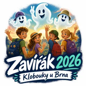 duhove prskana ikona zivych deti loucicich se s prazdninami s napisem "Zavírák 2026" a podtitulem "Klobouky u Brna"