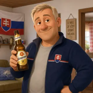 animovaný starší švagr Slovák, světlé vlasy, bez vousů, v ruce lahvové pivo Zlatopramen