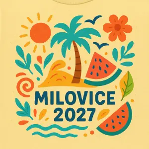 Letní abstraktní motiv pro dětské táborové triko s nápisem "Milovice 2027"