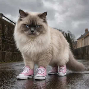 Zamračený kocour Ragdoll který má na Sobě růžové tenisky