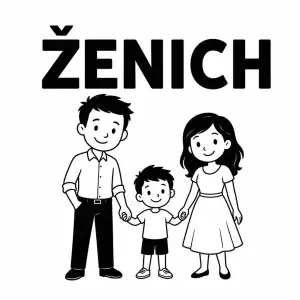 Černý nápis ŽENICH s kreslenou rodinou (otec, malý kluk, matka) pod nápisem.