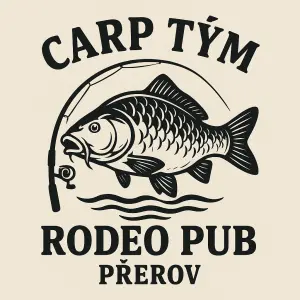 Název carp tým nahoře, pak kapra a udice a vodu a dole Rodeo Pub Přerov