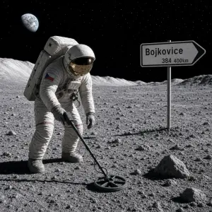 Kosmonaut na měsíci hledá s detektorem kovů a v pozadí je dopravní značka s nápisem Bojkovice 384 400km