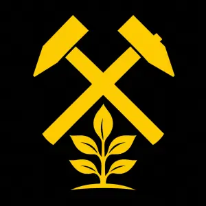 LOGO DĚLNICKÉ TŘÍDY DVĚ SKŘÍŽENÁ KLADIVA ŽLUTÁ POD NIMY RATOLEST
