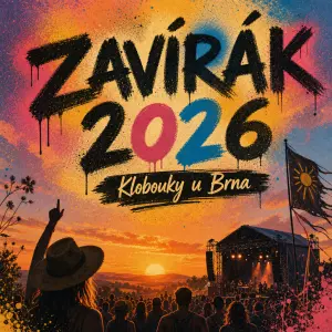 Obrázek jako z festivalu s obrázkem konciciho léta, s Nápisem Zavírák 2026
A podtitulem Klobouky u Brna.
Barvy prskane