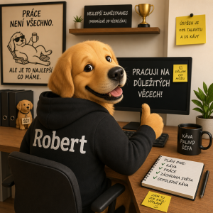Chci aby to bylo něco vtipného hezkého o práci, a aby tam bylo jméno Robert na zádech