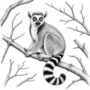 Ilustrovaný černobílý obrázek lemura kata. Okolo něj jsou náhodně rozmístěny větve.