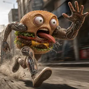 Utíkající hamburger potná čele vyplazený jazyk slina z huby vykulené oči potetované ruce biomechanikou natahující se