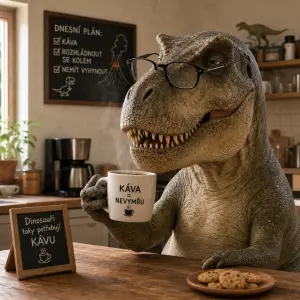 HUmornýdinosaurus pijící kávu