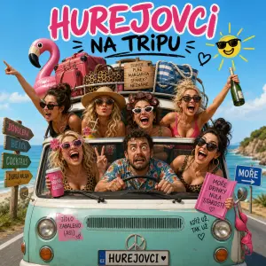 Humorný obrázek 6zen a 1 chlapa co jedou na dovolenou k moři. Hurejovci na tripu
