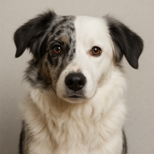 Border kolie blue merle, polovina obliceje bila, hnede oci, myvali blue merle maska na levem oku, usi dolu.