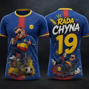 Vpředu malé logo Lidl.
Vzadu vtipný nápis „Ráďa Chyna“ + velké číslo 19
Celkově,vtipný a originální design na památku