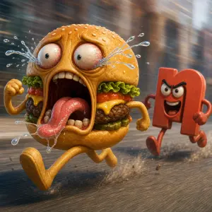 Vytvoř mi utíkající hamburger jak z něj stříká pod oči vyvalený ven hlůzou jazyk vyplázlý ven z něj kapeslina a k němu n