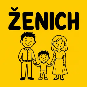 Černý nápis ŽENICH s kreslenou rodinou (otec, malý kluk, matka) pod nápisem. Celé ve žluté pozadí.