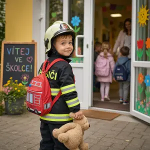 Malý čtyřletý hasič který jde poprvé do školky