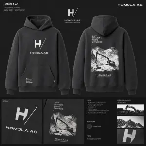 chci vytvořit návrh pro freestyle mikinu s kapucí, tmavě šedou, bílý potisk, s využitím grafiky z www.homola.as businnes