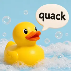 žlutá gumová kachnička s bublinou a nápisem quack