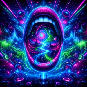 Prosim trance hudba motiv obrazek neonove barvy modra,ruzova, zelena..otevrena pusa v ni trip, zadny text
