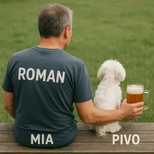 padesátiletý muž zezadu, maltézský psik a pivo, text: Roman Mia pivo