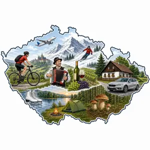 obrys mapy ČR. cyklista, hory sníh lyžování harmonika víno dům auto brusle, letadlo, stan u vody, hřiby, les, letadlo