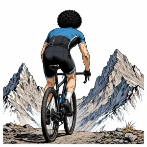 Grafika komiks ,muž běloch s afro parukou na hlavě, sportovec jede na kole, zezadu, hory bez pozadi