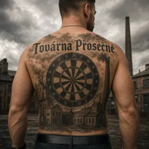 Na záda šipkový terč v pozadí se starou továrnou a továrním komínem. Nad to v úrovni lopatek nápis Továrna Prosečné.