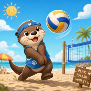 Roztomilá vydra, která hraje beach volejbal. Vydra není realistická, spíše jako z cartoon.