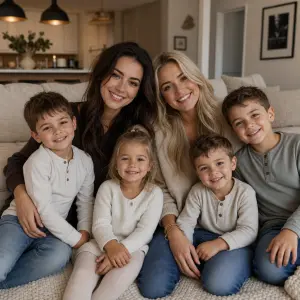 vytvoř mi dve kamarádky jedn abrunetka a jedna blondýnka které mají kolem sebe 3 syny a jednu dceru