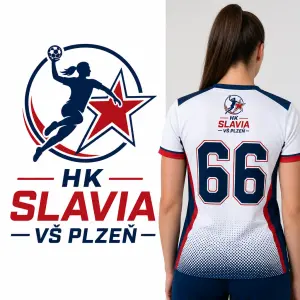 Logo a název házenkářského klubu HK SLAVIA VŠ PLZEŇ a číslo každé hráčky, tady např. 66.