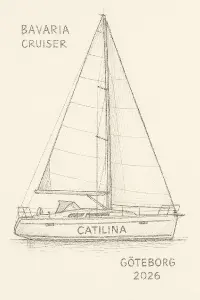 Náčrt plachetnice Bavaria Cruiser s názvem Catilina Göteborg 2026.