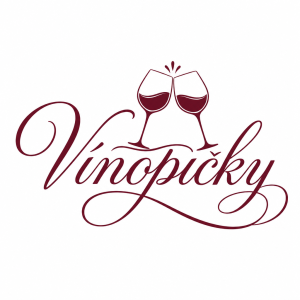 Text "Vínopičky" vyvedený psacím, ale čitelný ozdobným fontem a k tomu zakomponovat silueta dvou sklenic na víno k