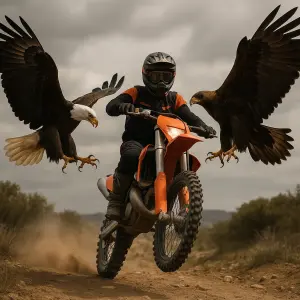 enduro motorkář projíždí po zadním kole, z obou stran před motorkářem přilétají obří dravci s roztaženými křídly a drápy