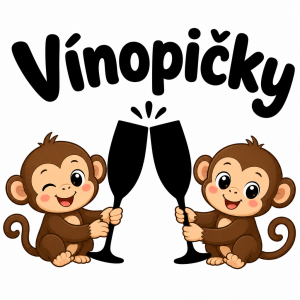 Text "Vínopičky" tlustým psacím fontem, silueta dvou sklenic na šampaňské a dvě malé roztomilé opičky