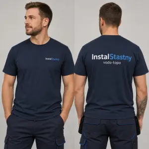 Název firmy na prso menším InstalStastny a na záda název InstalStastny a pod to menším vodo-topo