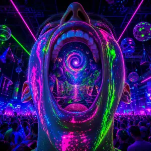 Neco na party techno trance bez napisu neonova ruzova modra zelena kamos mel neco jako otevrenou pusu v ni trip