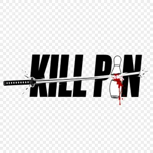 Vytvoř návrh ve stylu loga kill bill, fráze přeseknutá katanou, obě slova vedle sebe, text bude kill pin. Ve slově pin nahraď i kuželkou, která bude taky přeseklá a poteče z ní červená tekutina. Pozadí udělej transparentní. Kuželka musí být z kuželek (9 pin), ne bowlingová. Styl má být černobílý (až na červenou tekutinu) a minimalistický. Kuželka má být bílá. Okolo katatany nech trochu prostoru aby byl vidět ráz toho seknutí.
