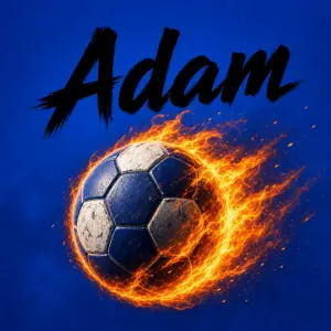Hořící házenkářský míč na modrém pozadí a nad ním černý nápis Adam