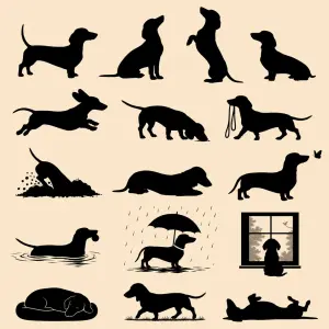 Siluety jezevčíků v různých situacích