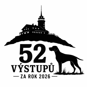silueta Horské chaty na Kleti s textem 52 výstupů za rok 2026 a silueta ohaře