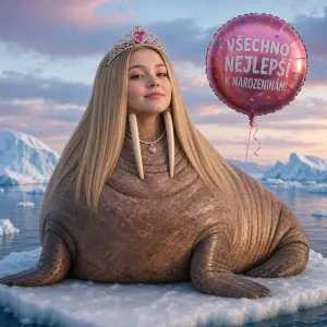 Tlustý mrož s hlavou princezny s rovnatkami. Musi tam být narozeninový balonek