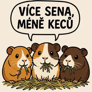 vtipná skupina min. 3 ks morčat, jak baští seno nebo trávu a nad nimi bublina, co si myslí: Více sena, méně keců